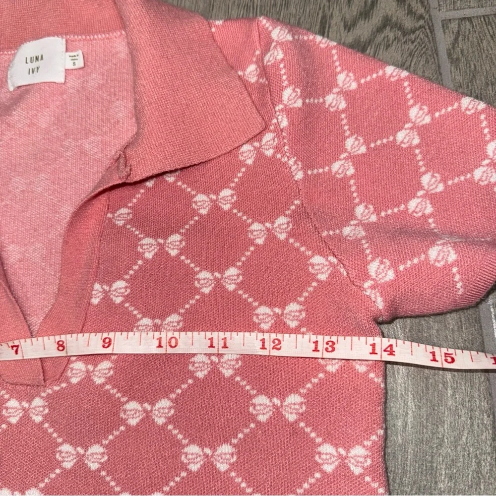 Luna Ivy Top Women’s S Pink And White Bows Cropped Polo Shirt knit‎